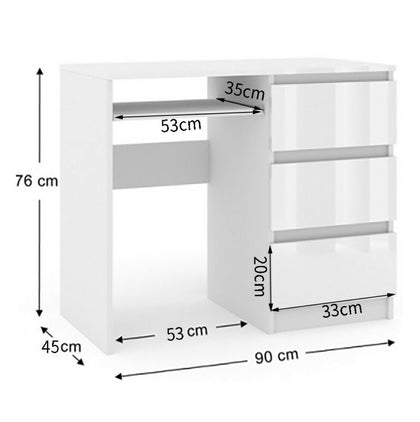 White Dressing Table High Gloss Fronts Makeup Desk 3 Drawers Big Storage Bedroom