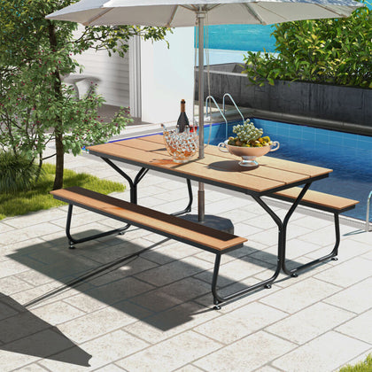 8-Person Patio Picnic Table Bench Set Garden Dining Metal Frame w/ Umbrella Hole
