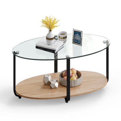 2-Tier Coffee Table Oval Modern Side Table W/ Tempered Glass Tabletop