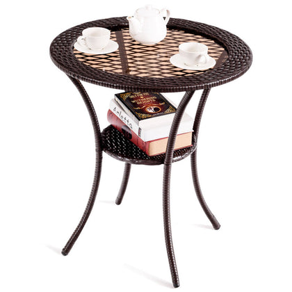Patio Bistro Table Outdoor Round Dining Table Rattan Coffee Tea Table W/ Storage