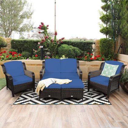 5 Pieces Patio Furniture Set Outdoor Rattan Conversation Sofa Set w/ Cushions