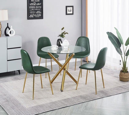 4x Green PU Leather Dining Chairs w/ Round Glass Dining Table Golden Chromed Leg