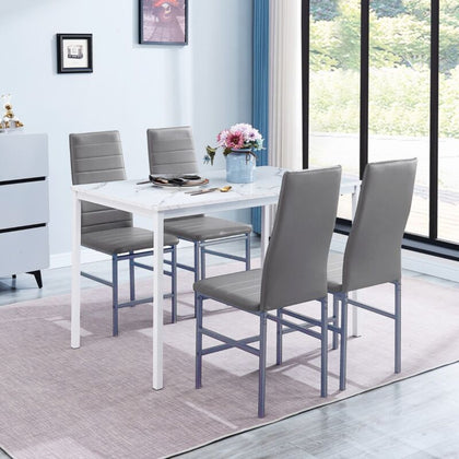 White Marble MDF Top Dining Table & 4pcs Grey Faux Leather Dining Chairs Set