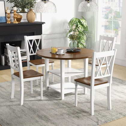 5 PCS Round Dining Table Set Farmhouse Dinette Set Solid Wood Kitchen Furniture