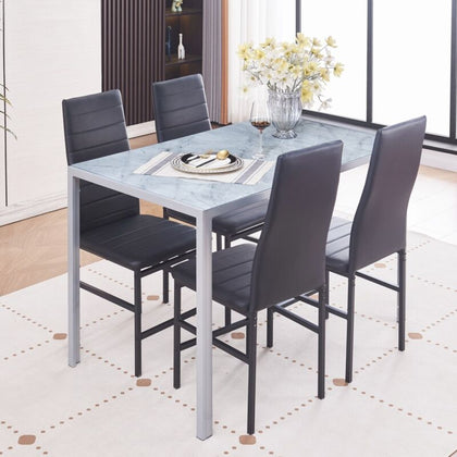 4x Black Faux Leather Dining Chairs&Grey Marble Tempered Glass Dining Table Set