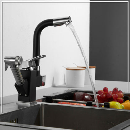 Kitchen Sink Mixer Taps 360° Swivel Spout With Pull Out Spray Faucet & 2 Hose UK