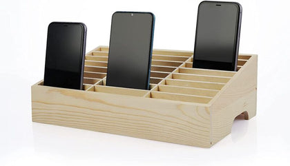 24-Grids Cell Phone Wood Holder Desktop Organizer Display Box Classroom Office