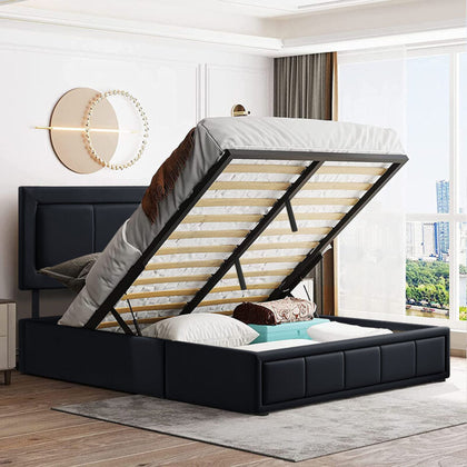 OTTOMAN STORAGE GAS LIFT DOUBLE OR KING SIZE LEATHER BED + MEMORY FOAM MATTRESS