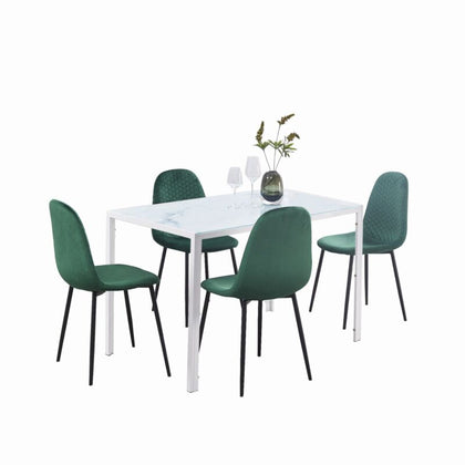 4pcs Green Velvet Dining Chairs & White Marble Tempered Glass Dining Table Set