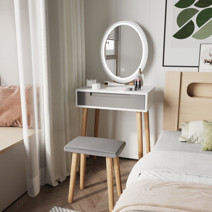 Dressing Table Vanity Set with LED Light Mirror Stool Drawer Make up Grey