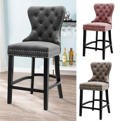 1/2x Retro Velvet Padded Barstool Button Back Kitchen Breakfast Bar Stool Chair