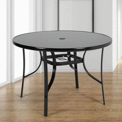 105cm Round Glass Table Black Metal Frame Outdoor Garden Patio Bistro Furniture