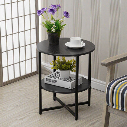 2 Tier Small Sofa Side Table Coffee End Round Black Shelf Living Room Bedroom