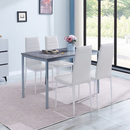 Set of Grey Marble MDF Top Dining Table & 4pcs White Faux Leather Dining Chairs