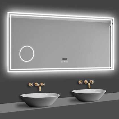 LED Bathroom Mirror illuminated Demister Pad Bluetooth Clock Magnifier Dimmable