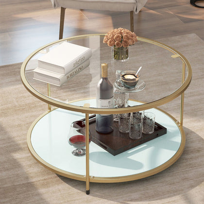 Round Coffee Table Tempered Glass Transparent Sofa Side Table Living Room Gold