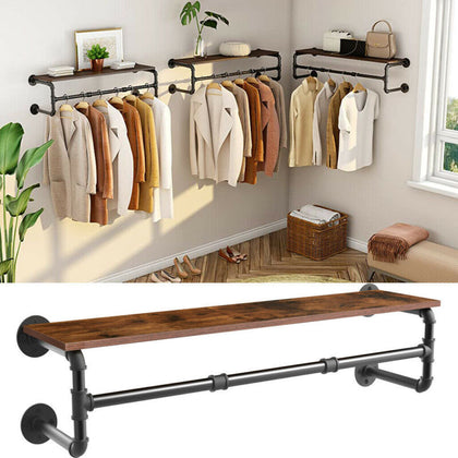 Industrial Pipe Clothes Rack W/ Top Shelf Coat Hanger Hanging Rod Closet Storage