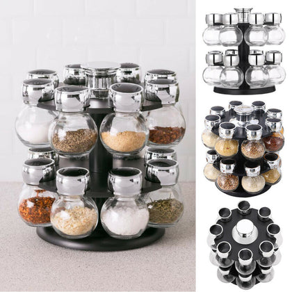 Revolving Rotating Steel 12/16 Jar Spice Rack Storage Glass Jars & Chrome Lids