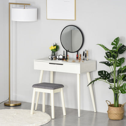 Dressing Table Vanity Set Make Up Desk with Round Mirror & Stool White