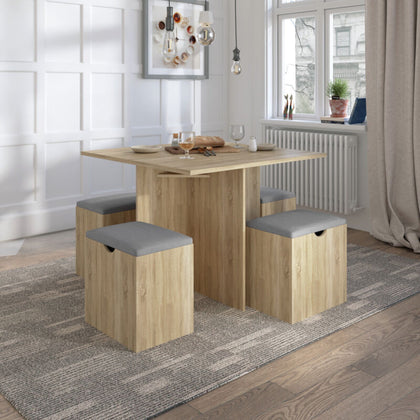 5PC Wooden Dining Table Set w/4 Storage Stools Compact Space Saver Furniture Oak