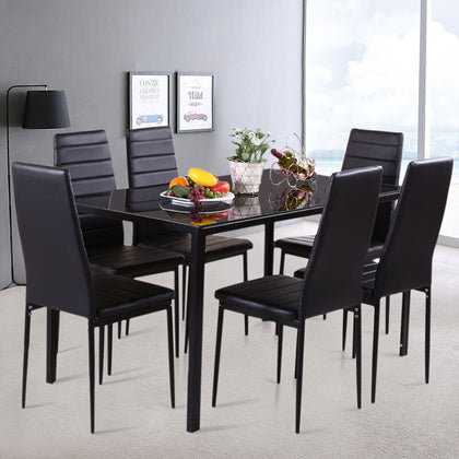 Modern Tempered Glass Black Dining Table Set with 6 Chairs Faux Leather Seat Kit