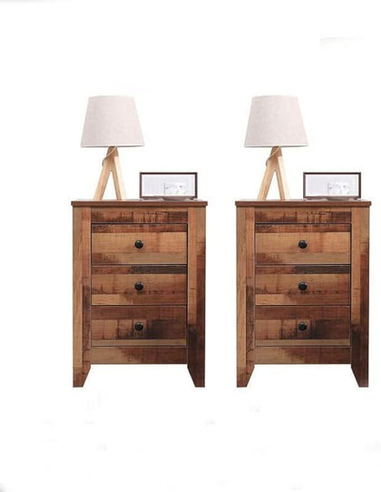 Pair Bedside Tables Tall Rustic Brown 3 Drawers Black Metal Handles Set Of 2Pcs