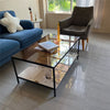 Elegant Glass Top Coffee Table Cocktail Accent Table with Marble Storage Shelf