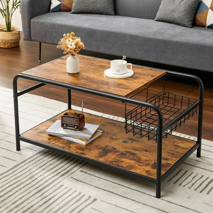 Industrial Wood Top Metal Frame Coffee Table With Side Basket Storage Shelf Home