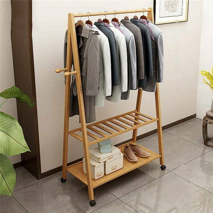 Bamboo Clothes Rail Rack Garment Hanging Display Coat Storage Shelf Stand Wheels