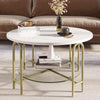 Round Coffee Table 2 Tier Faux Marble Clear Glass Storage Shelf Gold Metal Legs
