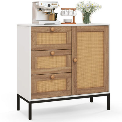 Rattan Buffet Cabinet Storage Sideboard Bar Accent Cabinet 1 Door and 3 Drawers