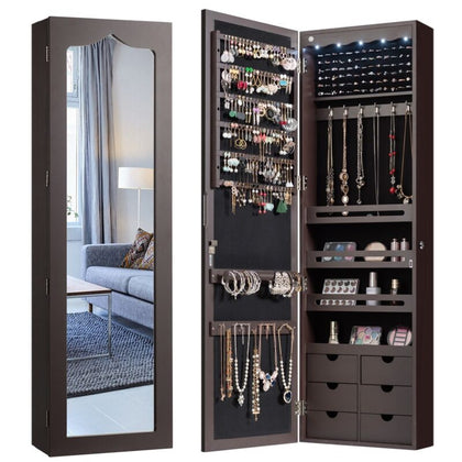 5 LED Lights Jewelry Cabinet Lockable Wall/Door Mounted Jewelry Armoire w/Mirror