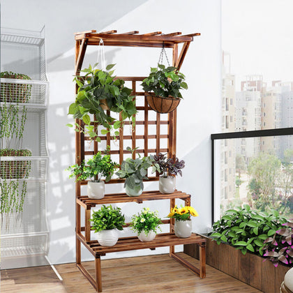 2-Tier Plant Stand Flower Pot Holder Display Rack w Trellis Fence Indoor Outdoor
