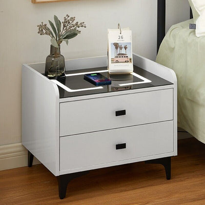 High Gloss White 2 Drawers Bedside Table LED Light Wireless Charging Nightstand