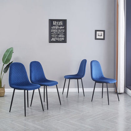 4x Blue Velvet Designed Dining Chairs Black Metal Legs Kitchen Dining Room Chair
