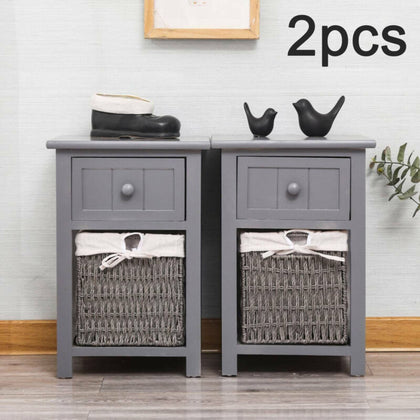 2PC Modern Bedside Tables Night Stand Cabinet Storage Drawer Wicker Basket Stand