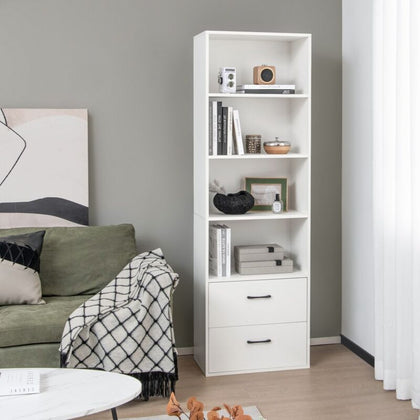 6-Tier Modern Bookshelf 188 cm Tall Bookcase w/ 4 Open Shelves and 2 Drawers