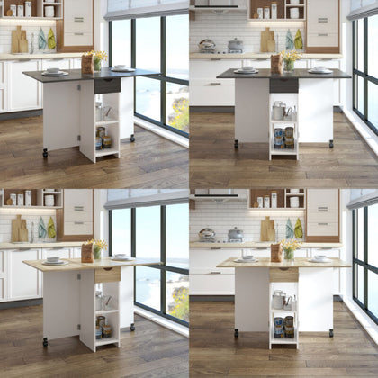 Wooden Mobile Drop Leaf Dining Table Folding Desk w/ 2 Wheels Storage Shelves