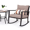Outdoor 3 PCS Patio Rattan Wicker Rocking Bistro Set W/ Glass Table & Cushions