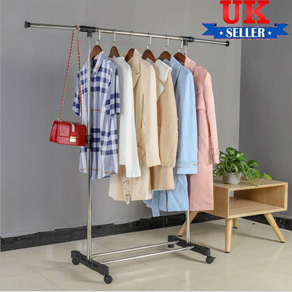 Adjustable Single Garment Rack Silver Portable Clothes Hanging Rail Stand
