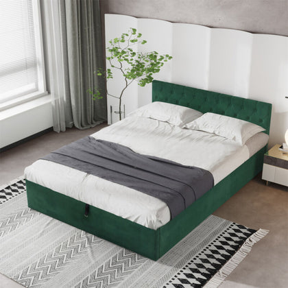 Velvet Upholstered Bed Frame 4ft6 Double Size Storage Bed With Headboard Green