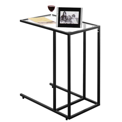 Industrial Side Table C-Shaped Sofa End Table W/ Glass Top Sturdy Metal Frame