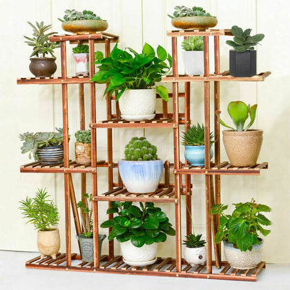 Anti-mould Wooden Plant Stand Tall Vintage 11 Holders Flower Herb Pot Rack Shelf
