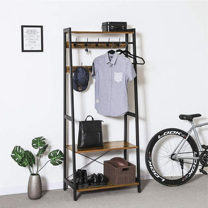 3 Tier Clothes Rail Garment Rack Stand Hallway Shelf with Dual Layer Hooks & Rod