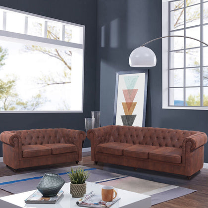 Retro Upholstered Chesterfield Tan Leather 3+2+1 Seater Sofa Settee Suite Couch