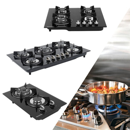 Built In 2/4/5 Burner Black Glass On Gas Wok Burner Hob With Cast Iron Pan Stand