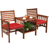 Outdoor 2-Seater Wooden Cushioned Chair 2 Tier Middle Tea Table W/Umbrella Hole