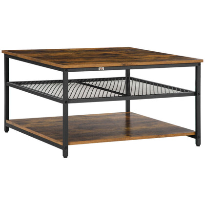 Industrial Coffee Table, Cocktail Table W/ Storage Shelves, Rustic Brown