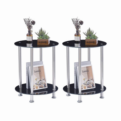 2pcs Round Black Tempered Glass Sofa Side End Table Bedside Table with Storage