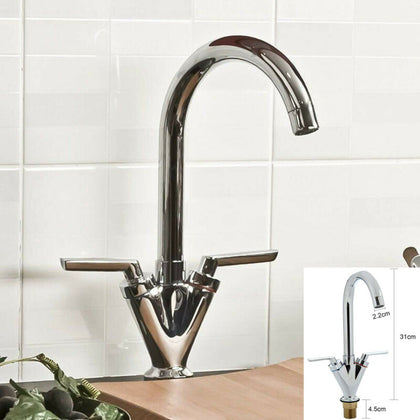 Kitchen Twin Dual Lever Taps Sink Mixer Basin Tap Swivel Chrome Waterfall Faucet